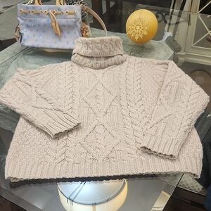 Inis Crafts Traditional Cable Knit Turtle Neck Fisherman Merino Wool Sweater L